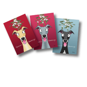 Illustrated Christmas cards featuring a greyound under misletoe